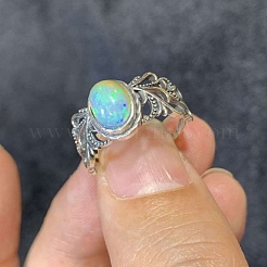 Регулируемое опаловое кольцо с одним открытым кольцом из стерлингового серебра&nbsp;RJEW-C155-02