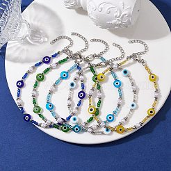 Браслеты ручной работы с лэмпворком и стеклянным бисером от сглаза&nbsp;AJEW-AN00573