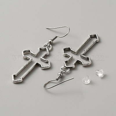 Серьги-подвески с полыми крестами из сплава EJEW-WH0018-27N-1