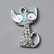 Alloy Enamel Pendants, with Rhinestone, Cat Charm, Platinum, Light Blue, 21.5x13x2.5mm, Hole: 1.8mm