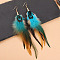 Alloy Feather Dangle Earrings, Golden, Dark Turquoise, 155x45mm