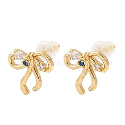 Серьги-гвоздики из латуни с микро-паве и бантом из прозрачного кубического циркония&nbsp;EJEW-P331-03G