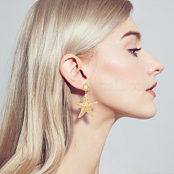 3 пара двухцветных серег-гвоздиков в форме морской звезды из сплава с пластиковыми жемчужными бусинами&nbsp;EJEW-FI0002-95