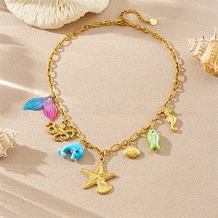 Женские ожерелья с подвесками в виде морских звезд и морских коньков из нержавеющей стали 304 и пластика&nbsp;NJEW-G180-04G