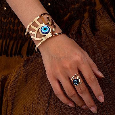 Наборы из полых браслетов-манжет и колец-манжет из сплава сглаза и смолы FS-WGE3CB7-01-1