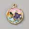 Golden Tone Alloy Enamel Pendants, Flat Round with Flower, Purple, 23.5x19.5x5.5mm, Hole: 2mm