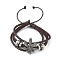 PU Leather & Waxed Cords Triple Layer Multi-strand Bracelets, Braided Adjustable Bracelet Alloy Leaf, Coconut Brown, Inner Diameter: 2-3/8~3-1/8 inch(5.9~8cm)