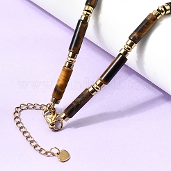 Колье из натуральных бусин тигрового глаза и синтетического немагнитного гематита в виде колонн с цепочками из нержавеющей стали 304.&nbsp;NJEW-K301-01B