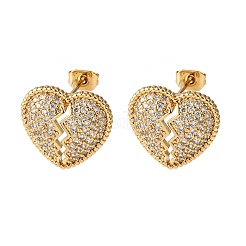 Серьги-гвоздики с разбитым сердцем из латуни с микропаве из кубических цирконий&nbsp;EJEW-B153-19G-03