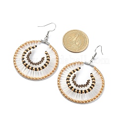 Плоские круглые плетеные серьги с подвесками из стеклянных косточек&nbsp;EJEW-MZ00062-01