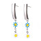 Rectangle with Flower Enamel Long Dangle Stud Earrings, Stainless Steel Color Plated 304 Stainless Steel Jewelry for Women, Deep Sky Blue, 46.5x6mm, Pin: 0.8mm