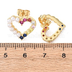 Серьги-гвоздики из латуни с полым сердцем и микропаве из кубических цирконий&nbsp;EJEW-A152-05G