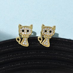 Серьги-гвоздики в форме кошки с микропаве из кубических цирконий из латуни&nbsp;EJEW-K267-30G