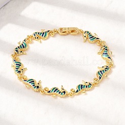 Браслеты-цепочки из латунной эмали с бирюзовым морским коньком&nbsp;BJEW-C118-03G