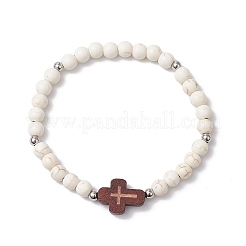 Крест синтетическая бирюза и деревянные круглые бусины эластичные браслеты для мужчин и женщин BJEW-JB11832-02