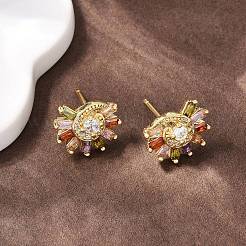 Серьги-гвоздики в форме солнца с микропаве из кубических цирконий из латуни&nbsp;EJEW-F400-10G