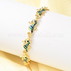Браслеты-цепочки из латунной эмали с бирюзовым морским коньком&nbsp;LS-BJEW-C118-03G