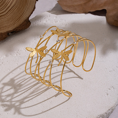 Женские браслеты-манжеты из полой нержавеющей стали 304 с прозрачными кубическими циркониями.&nbsp;WV1291-1