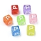 Spray Painted Transparent Acrylic Beads, Cube with Letter, Mixed Color, Letter P, 9.5x9.5x10mm, Hole: 3.8mm, about 570pcs/500g