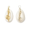 2Pcs 2 Colors Natuarl Cowrie Shell Vortex Copper wire Warpped Pendants, Shell Shape Charms, Long-Lasting Plated, Golden & Silver, 25.5~26.5x13.5~14.5x7.5~8.5mm, Hole: 1.8~3mm, 1pc/color