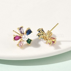 Цветок латунь кубического циркония серьги стержня&nbsp;EJEW-P336-06G-01