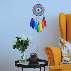 Плетеная сетка/паутина в индийском стиле с подвеской из перьев&nbsp;HJEW-SZ0001-30