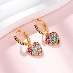 Серьги-кольца из латуни с микропаве и прозрачным кубическим цирконием в форме сердца EJEW-F384-09G
