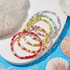 Женские эластичные браслеты из семян травы и натурального жемчуга&nbsp;BJEW-JB09705