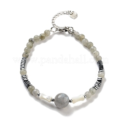 Круглые женские браслеты из натурального лабрадорита и синтетического немагнитного гематита и белых ракушек из бисера&nbsp;BJEW-K251-02E