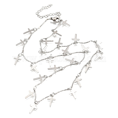 Ожерелья из текстурированной нержавеющей стали 304 с подвесками-кисточками в форме креста NJEW-R023-01P-1