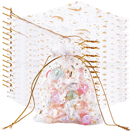 50 шт. подарочные мешочки для хранения из органзы с завязками и золотым тиснением в виде луны и звезд&nbsp;OP-BBC0001-03A-01-1