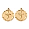 304 Stainless Steel Pendants, Flat Round, Ion Plating(IP), Real 18K Gold Plated, Cross, 17.5x15.5x2.5mm, Hole: 1.2mm