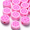 Handmade Polymer Clay Beads, Flat Round with Flower, Hot Pink, 9~10x4~5mm, Hole: 1.4mm