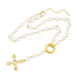 Подвеска в виде креста из латуни с прозрачными кубическими циркониями и цепочкой ручной работы из искусственного жемчуга ABS.&nbsp;NJEW-F364-06G