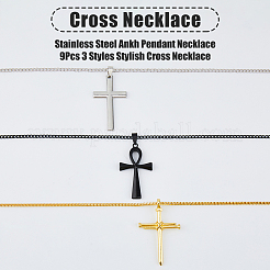 9шт. 9 стиля ожерелья с подвесками-крестами из нержавеющей стали и сплава&nbsp;NJEW-FI0001-21