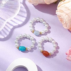 Овальные кольца с бусинами из синтетической бирюзы&nbsp;RJEW-JR00768