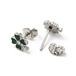 Серьги-гвоздики с эмалевым клевером и хрустальными стразами EJEW-A081-12P-02