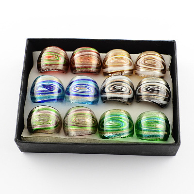 Ручной золотой песок и серебряная фольга Lampwork широкая полоса кольца RJEW-Q150-M15-B-1