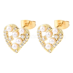 Серьги-гвоздики из латуни с микро-паве и прозрачным фианитом в форме сердца&nbsp;EJEW-A152-03G