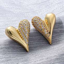 Серьги-гвоздики из латуни с микро-паве и прозрачным фианитом в форме сердца&nbsp;EJEW-R025-10G