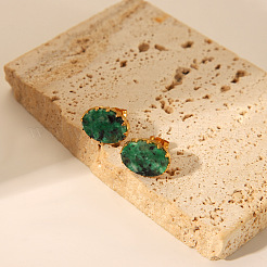 Простой модный комплект из овального кольца-манжеты и серег-гвоздиков из натурального драгоценного камня&nbsp;FJ0453-1