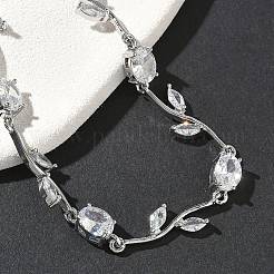 Браслеты-цепочки из латуни с микропаве из кубических цирконий овальной и листовой формы для женщин&nbsp;BJEW-G764-05P-02