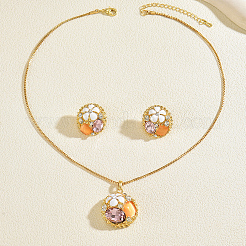 Комплекты из плоских круглых серег-гвоздиков и ожерелий из сплава и пластика с цветком для женщин&nbsp;BS1463