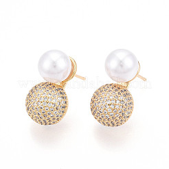 Серьги-гвоздики из латуни с микропаве из кубических цирконий и искусственного жемчуга ABS&nbsp;KK-T074-47G