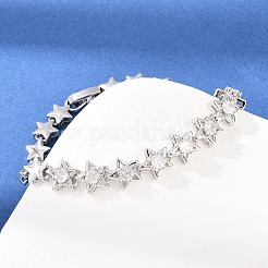 Браслеты из латуни с микропаве из прозрачных кубических цирконий и звеньями в форме звезды.&nbsp;BJEW-F528-02P