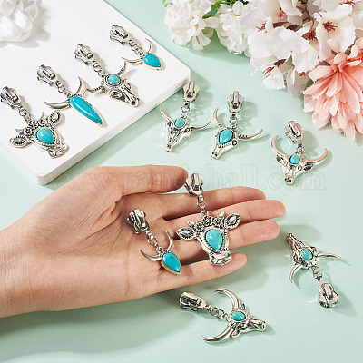 14 шт. 7 стиля слайдеров-молний из сплава в виде головы крупного рогатого скота и синтетической бирюзы&nbsp;HJEW-TAC0102-1