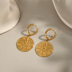 Женские серьги-кольца из нержавеющей стали 304 с плоскими круглыми подвесками в форме солнца KE4439-2