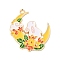 Alloy Enamel Pendants, Moon with Flower & Rabbit, Golden, Gold, 33x27x1.5mm, Hole: 1.8mm