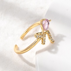 Кольца-манжеты из латуни с розовым паве и прозрачными кубическими цирконами&nbsp;RJEW-P173-01G-02