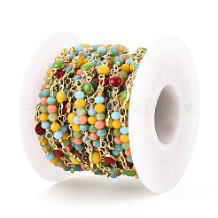 Цепочка из латунной эмали ручной работы с плоскими круглыми звеньями и стеклянными бусинами&nbsp;KK-N281-03G